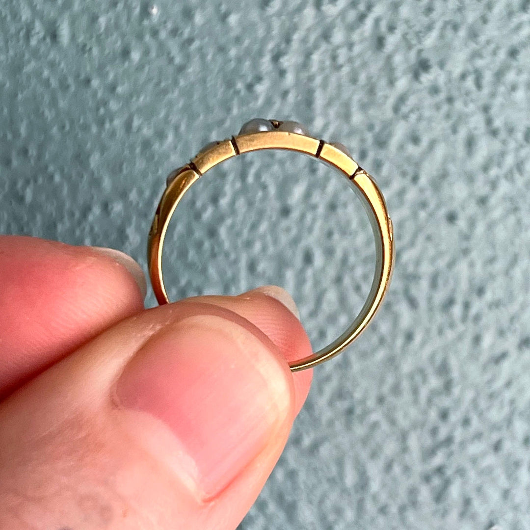 Victorian 18 Karat Gold Pearl and Rose Cut Diamond Ring, Antique Birmingham 1883