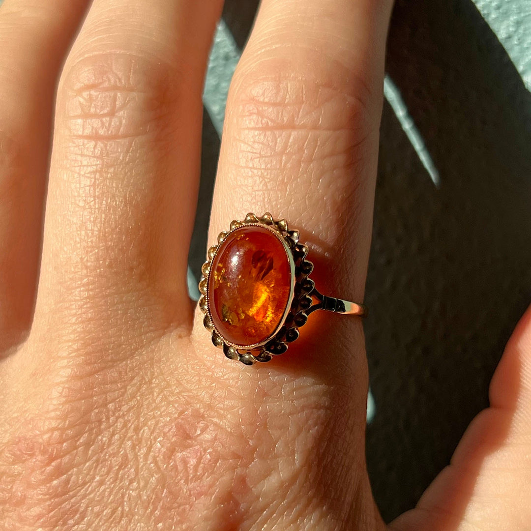 Vintage 9k Gold Amber Ring Birmingham 1988 Oval Cabochon
