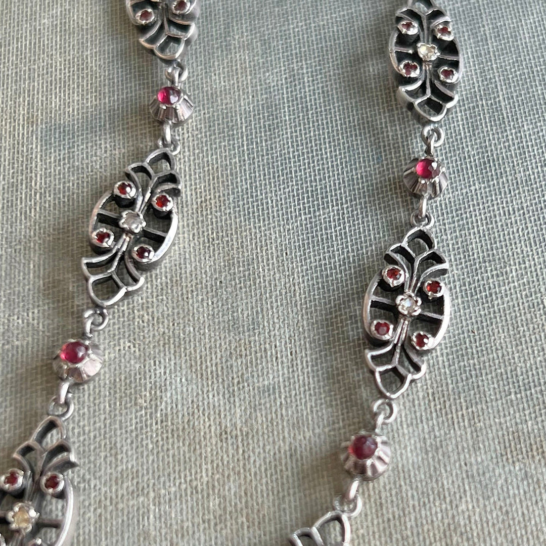Antique French Silver Ruby and Diamond Link Necklace, Victorian Jewelry, c. 1860