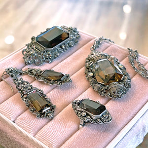 Vintage Silver Smokey Quartz Marcasite Parure Ring Earrings Necklace Brooch