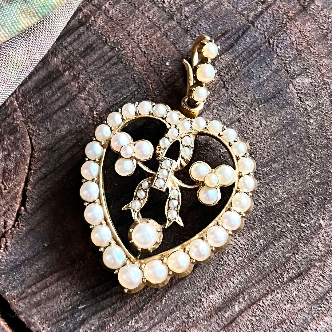 Antique Victorian 15 Karat Gold Pearl Heart Pendant, Openwork Heart Necklace Charm c.1880