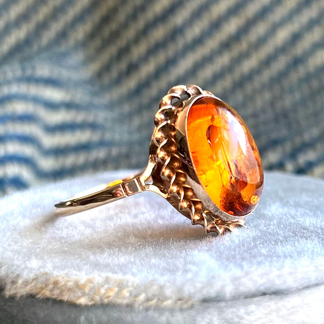 Vintage 9k Gold Amber Ring Birmingham 1988 Oval Cabochon