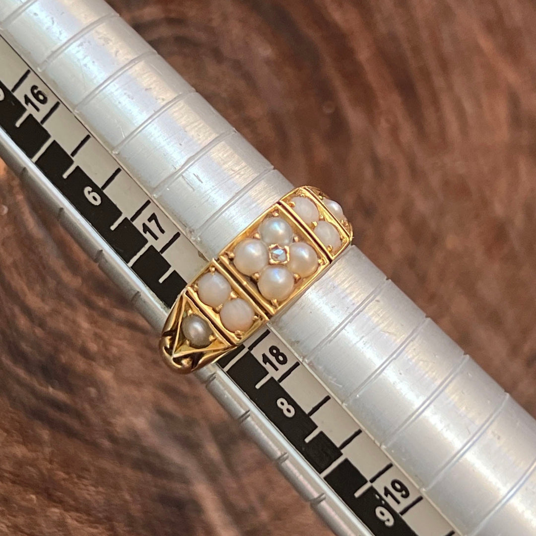 Victorian 18 Karat Gold Pearl and Rose Cut Diamond Ring, Antique Birmingham 1883