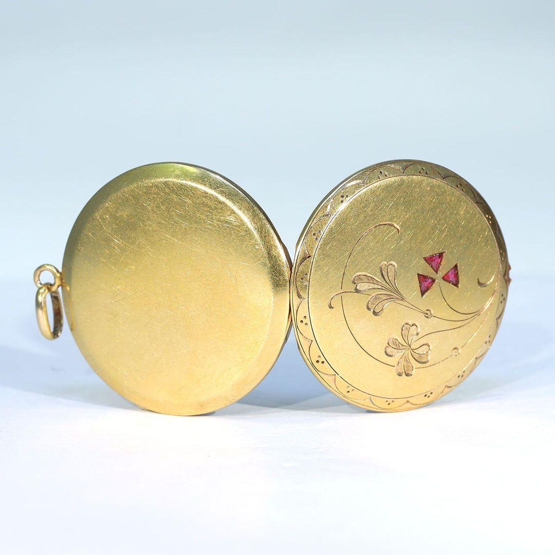 Antique Edwardian Gold Ruby Engraved Locket, c. 1910
