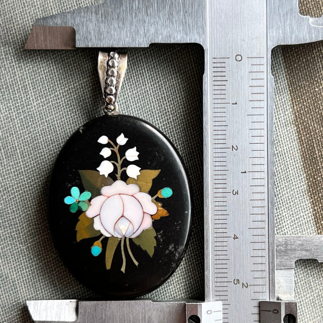 Victorian Silver Pietra Dura Demi Parure Pendant Earrings Set