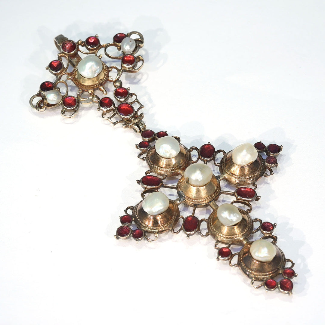 Antique Georgian Gold Garnet and Pearl Cross Pendant c. 1760