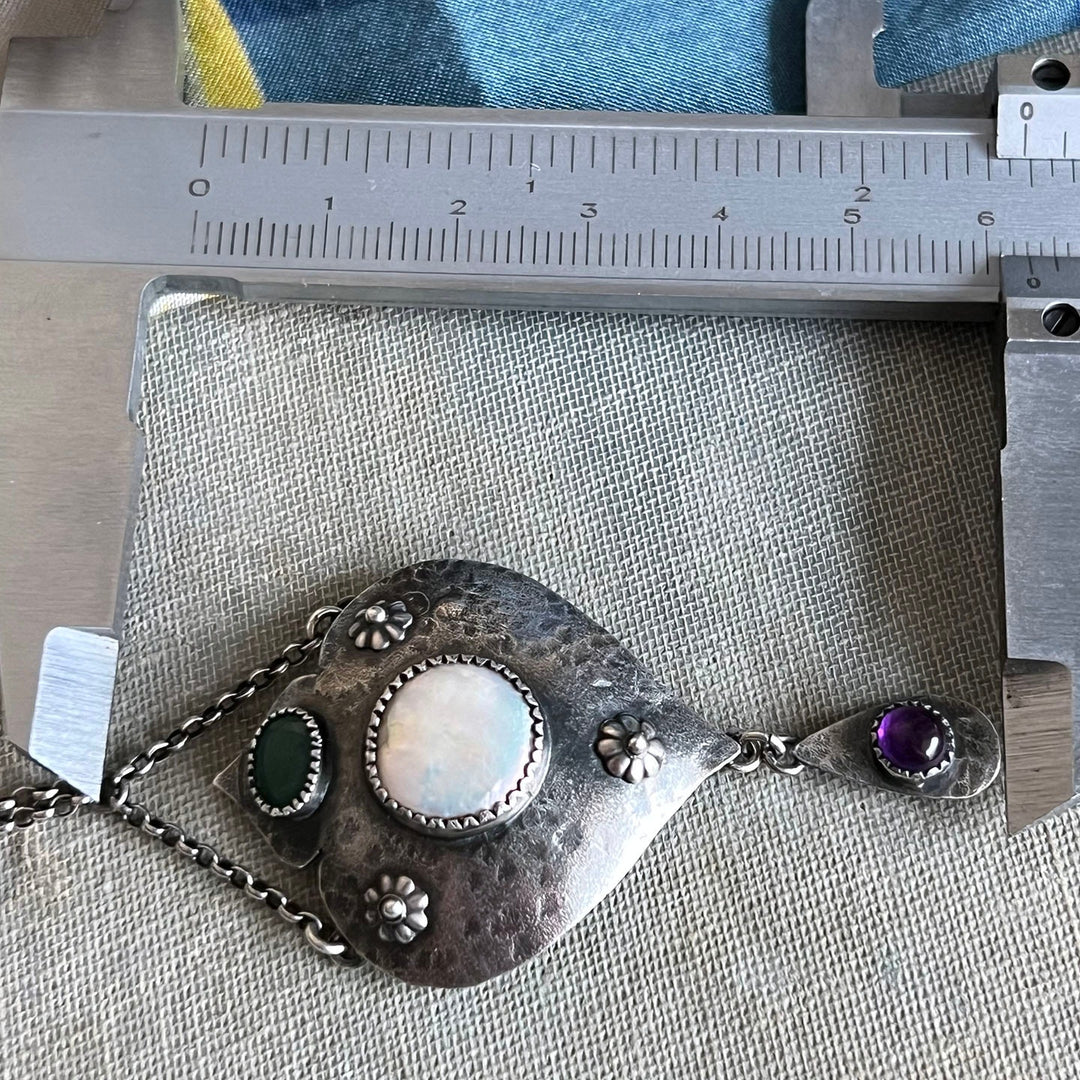 Antique Edwardian Suffragette Drop Necklace Silver Emerald Amethyst & Mother of Pearl, c.1910