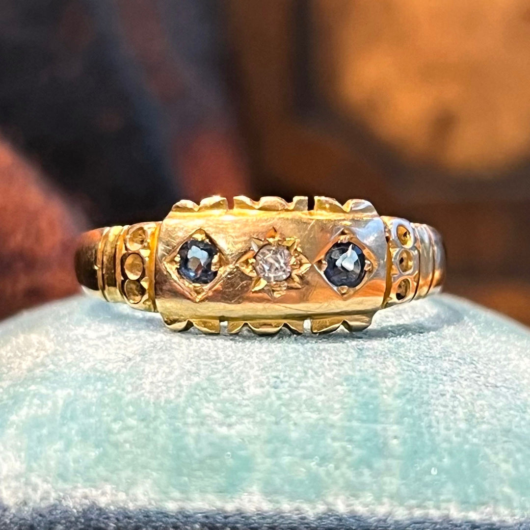 Antique Victorian 18 Karat Gold Sapphire and Diamond Three Stone Ring, Birmingham c.1889, English Sapphire Ring