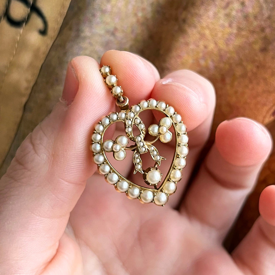 Antique Victorian 15 Karat Gold Pearl Heart Pendant, Openwork Heart Necklace Charm c.1880