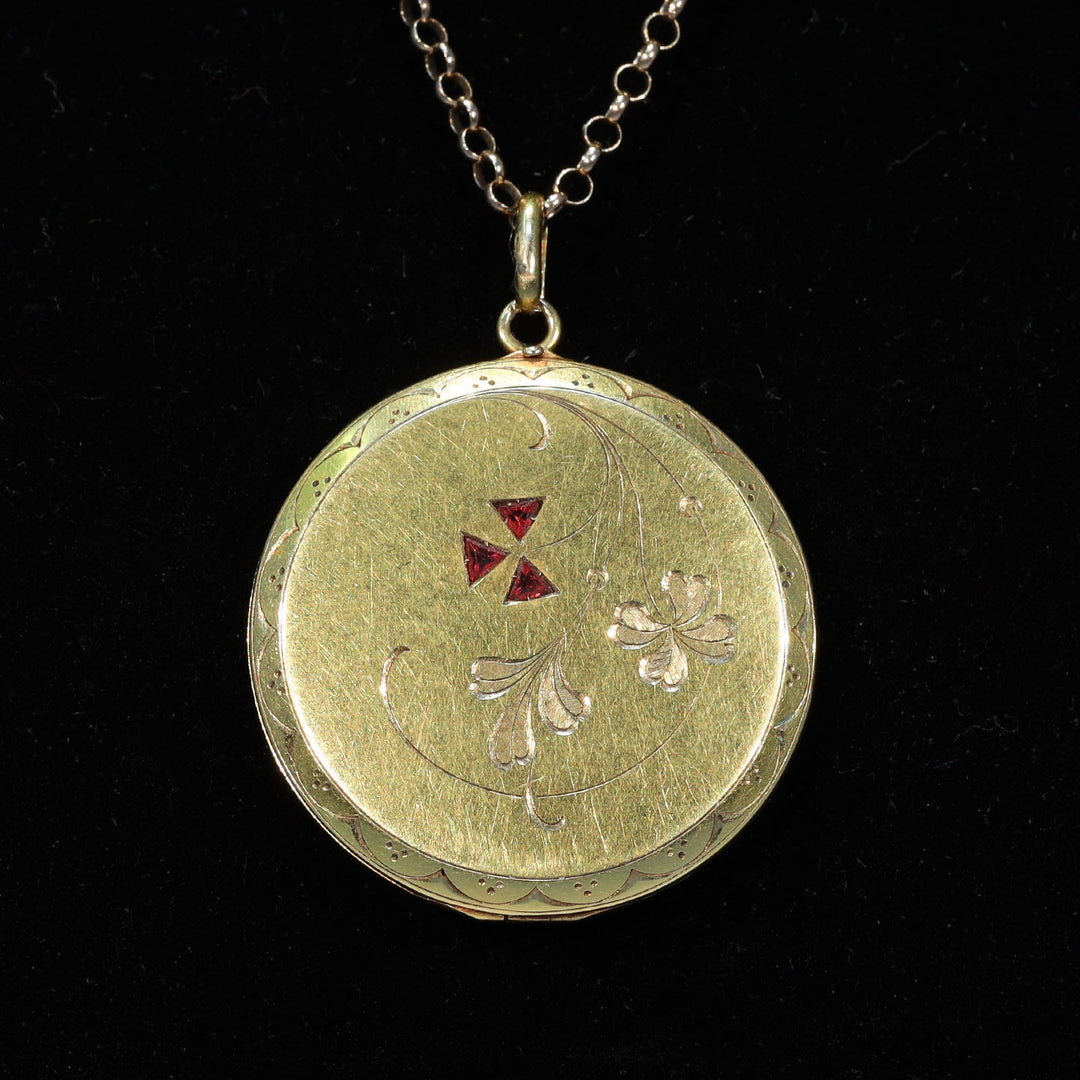 Antique Edwardian Gold Ruby Engraved Locket, c. 1910