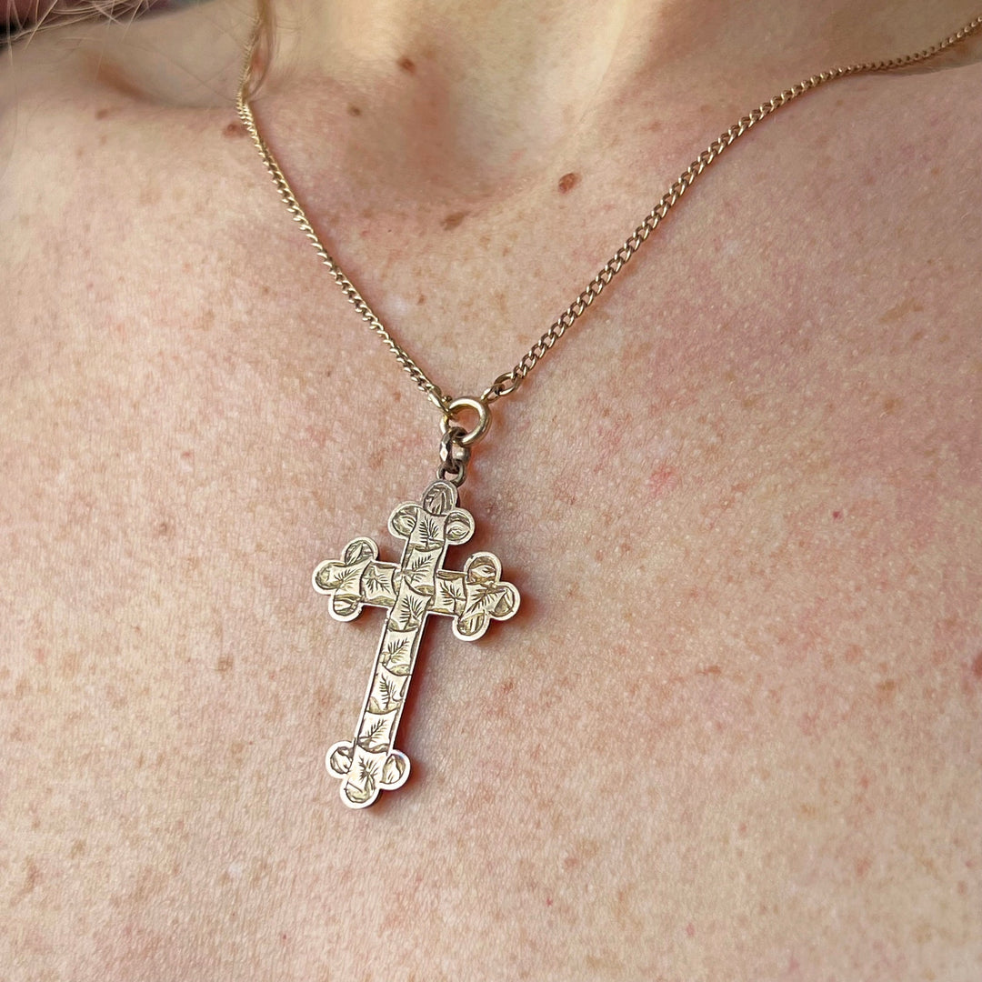 Antique Victorian Cross Pendant Gold Engraved, c.1890