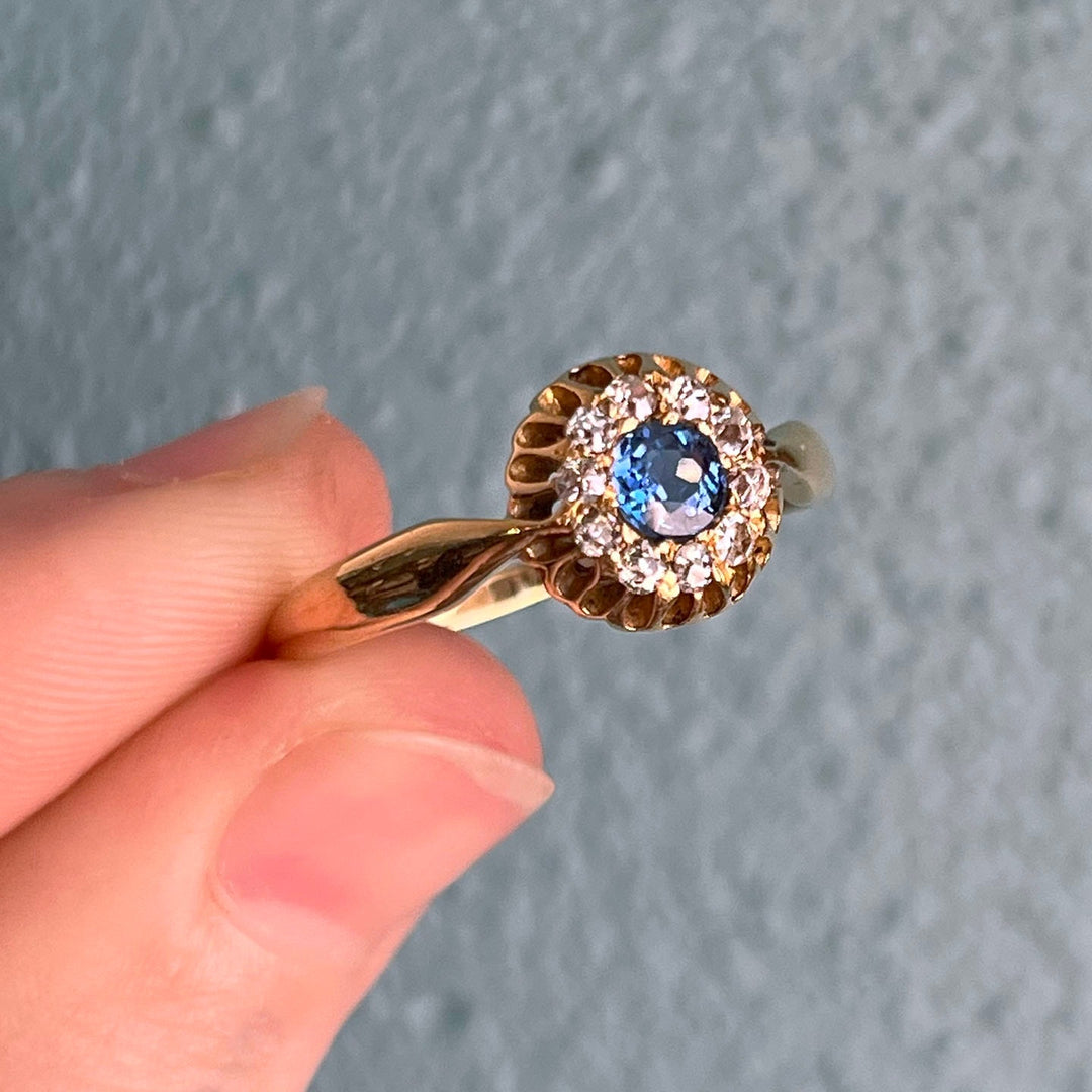 Victorian Sapphire and Diamond Cluster Ring in 18 Karat Gold