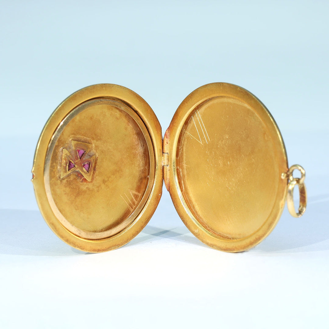 Antique Edwardian Gold Ruby Engraved Locket, c. 1910