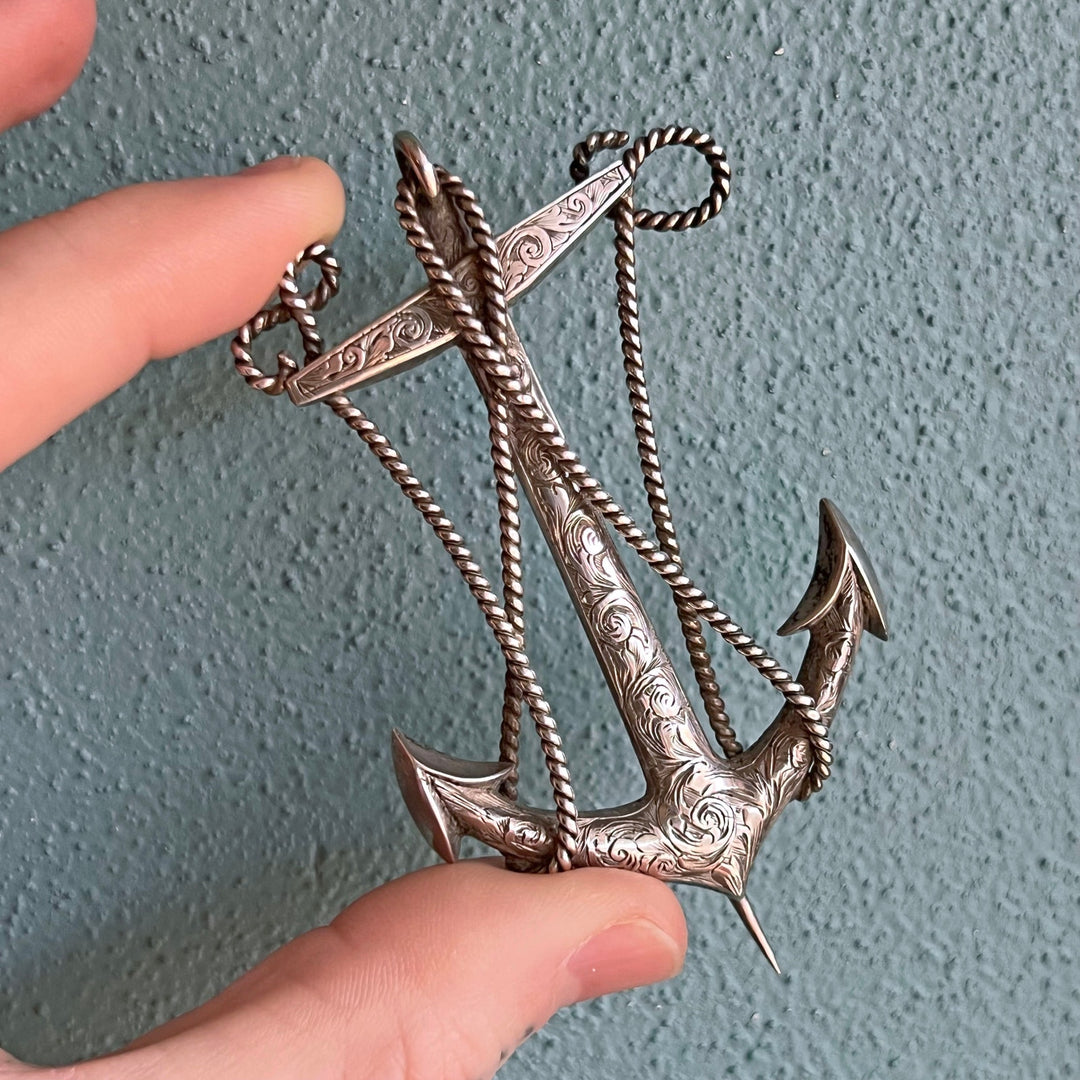 Antique Victorian Sterling Silver Anchor Brooch by Cronin & Wheeler, Birmingham 1846