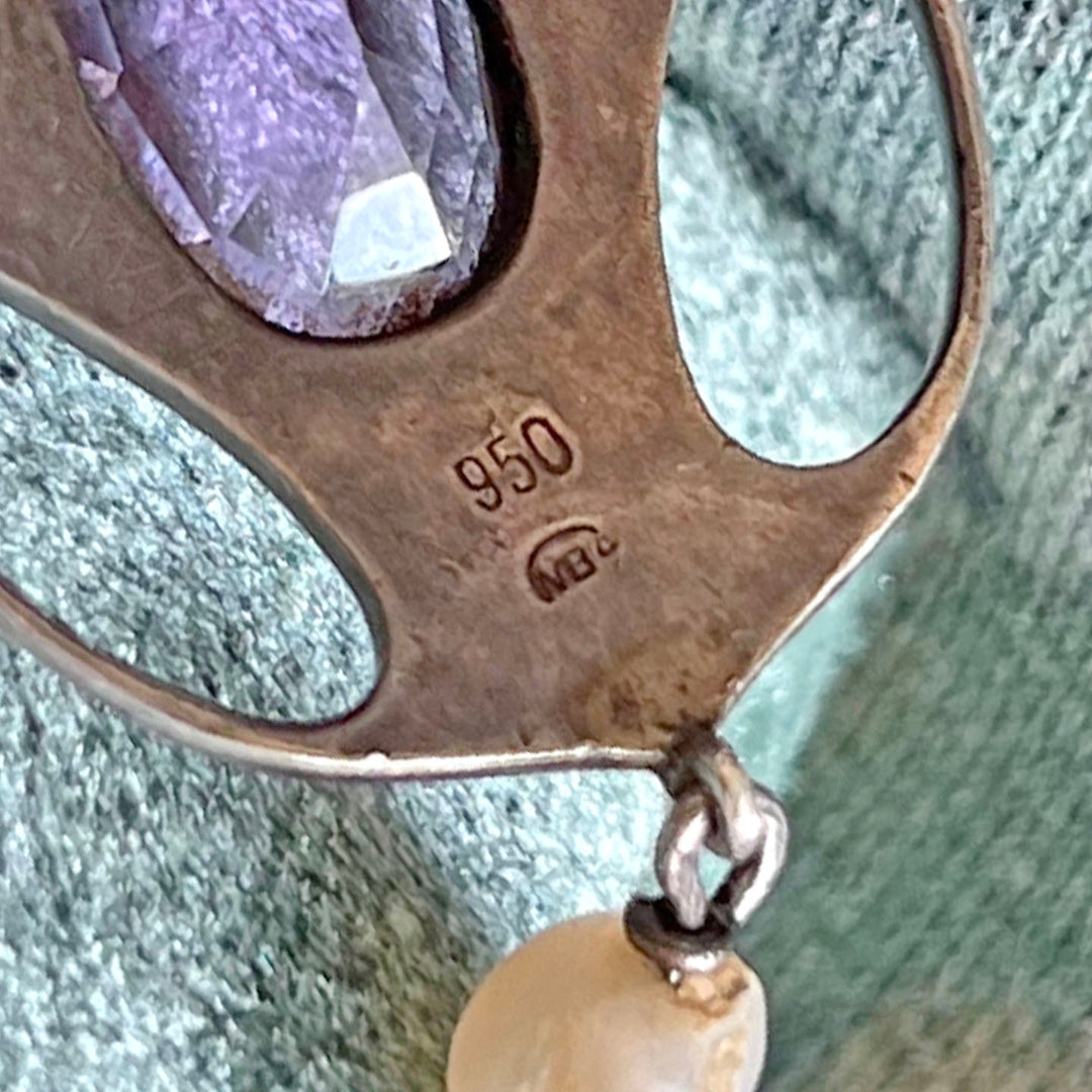 Antique Arts and Crafts Pendant Silver Amethyst Pearl Drop with Chain Murrle Bennett & Co., c.1910