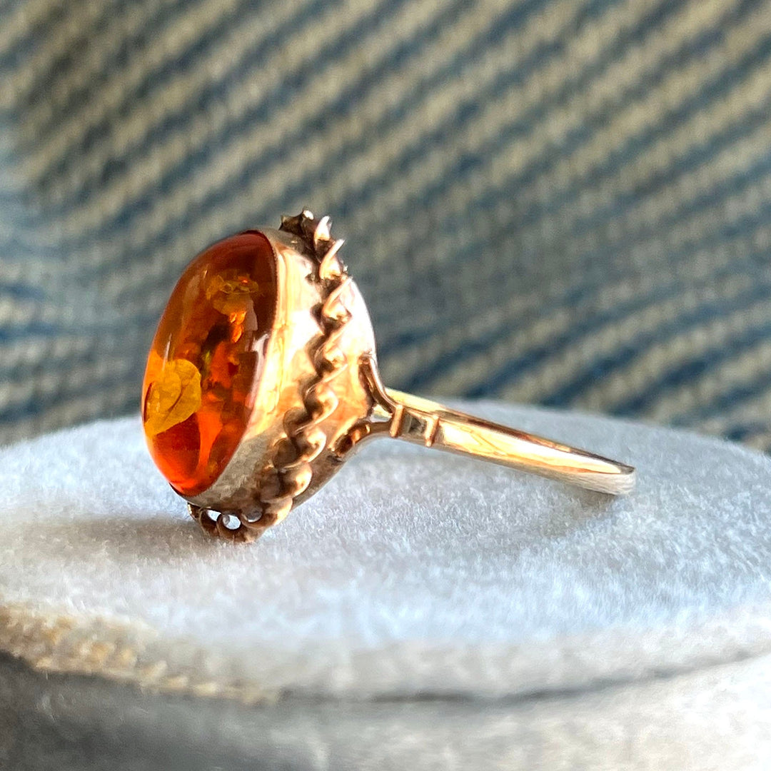 Vintage 9k Gold Amber Ring Birmingham 1988 Oval Cabochon