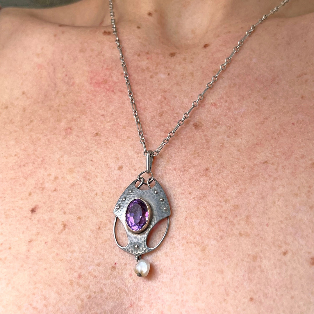 Antique Arts and Crafts Pendant Silver Amethyst Pearl Drop with Chain Murrle Bennett & Co., c.1910