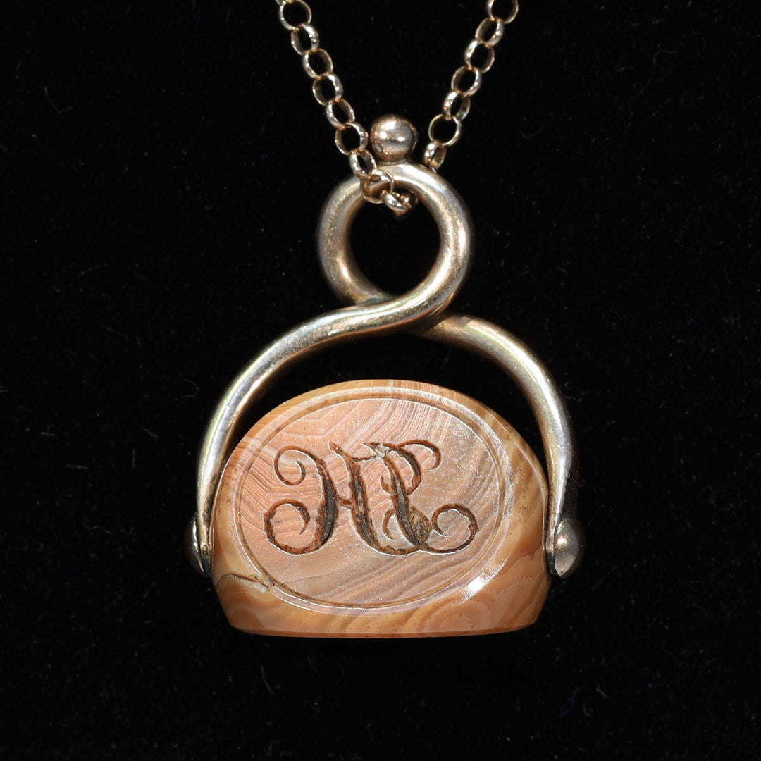 Victorian Gold Three Sided Agate Caduceus Spinner Fob, c. 1870