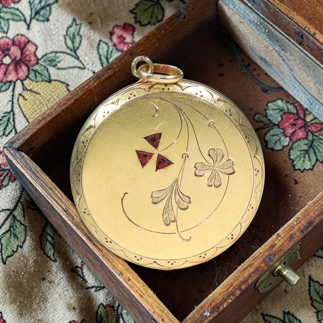 Antique Edwardian Gold Ruby Engraved Locket, c. 1910