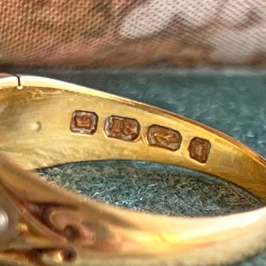 Victorian 18 Karat Gold Pearl and Rose Cut Diamond Ring, Antique Birmingham 1883