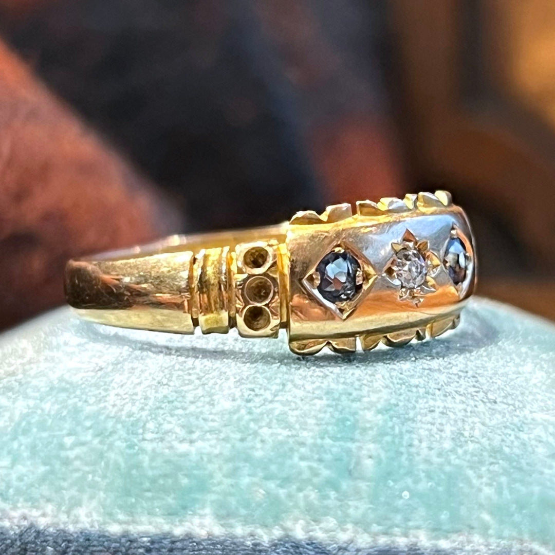 Antique Victorian 18 Karat Gold Sapphire and Diamond Three Stone Ring, Birmingham c.1889, English Sapphire Ring