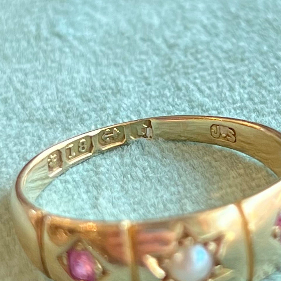Victorian 18k Gold Ruby Pearl,Ring Birmingham 1895