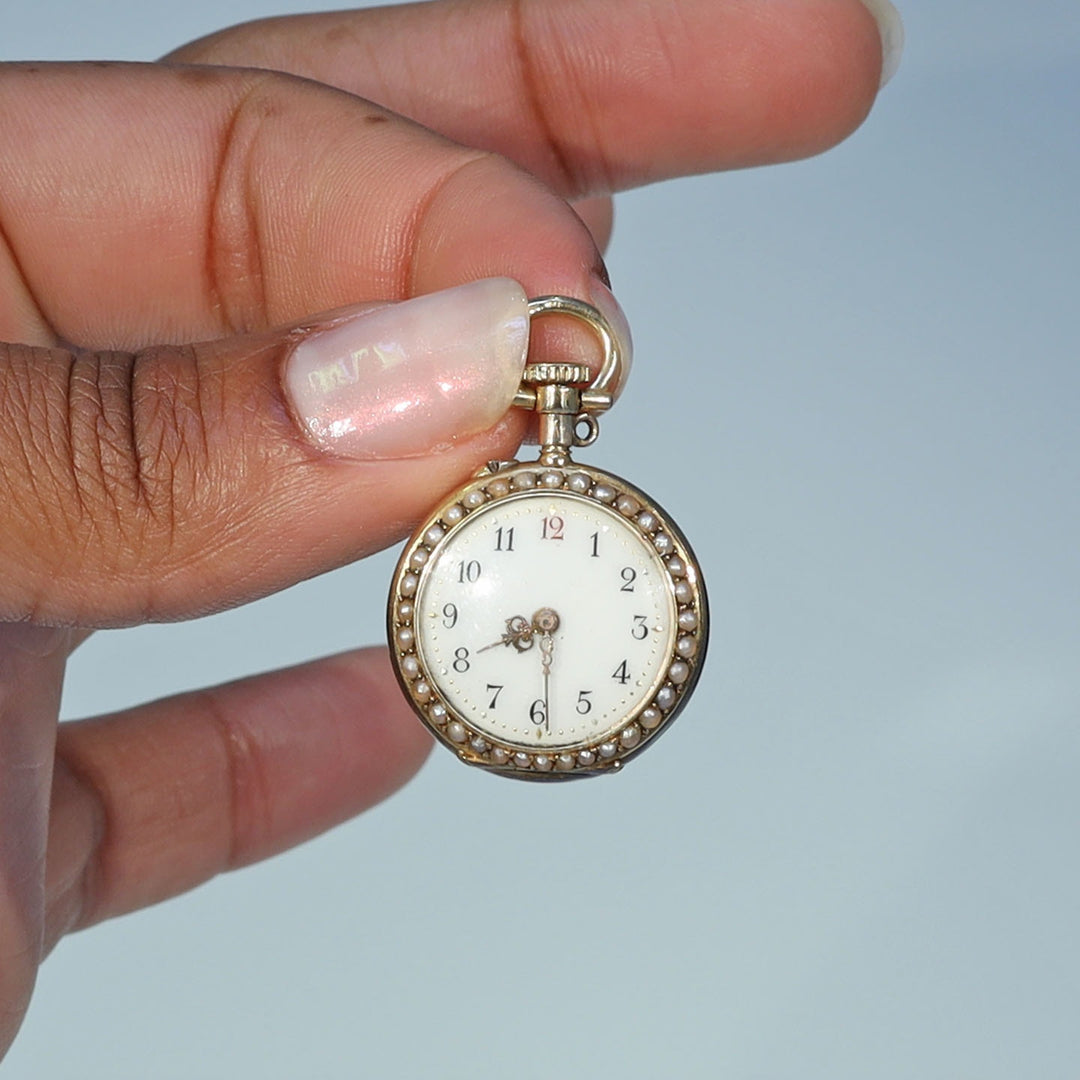 Antique Victorian 18 Karat Gold Ruby Pearl Watch Pendant