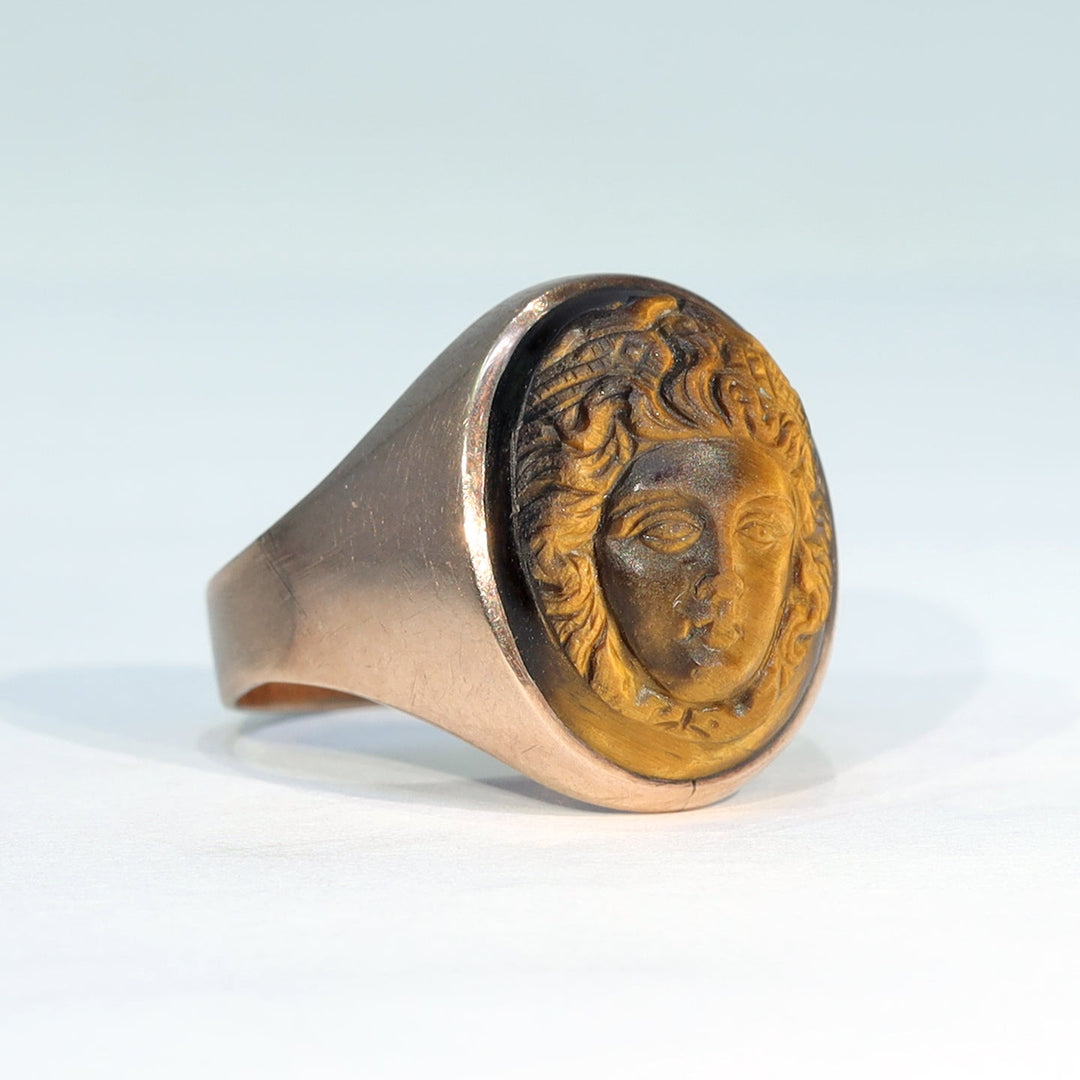 Antique gold portrait ring with honey brown tiger's eye stone