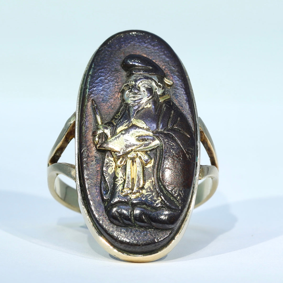 Antique Japanese Shakudō Daikoku Ring 15k Gold c. 1910