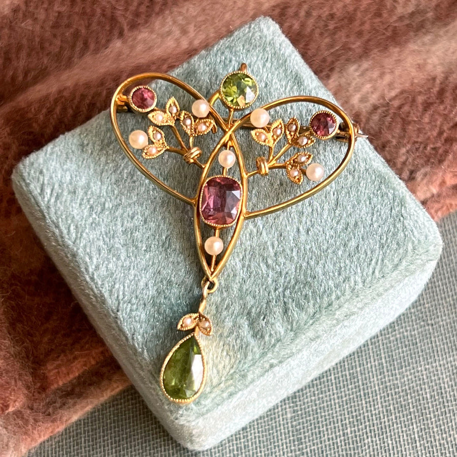 Antique suffragette pendant and brooch 15k gold peridot tourmaline pearl drop c1900