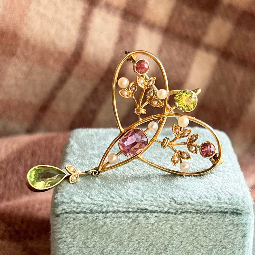 Edwardian suffragette pendant brooch peridot tourmaline pearl drop design