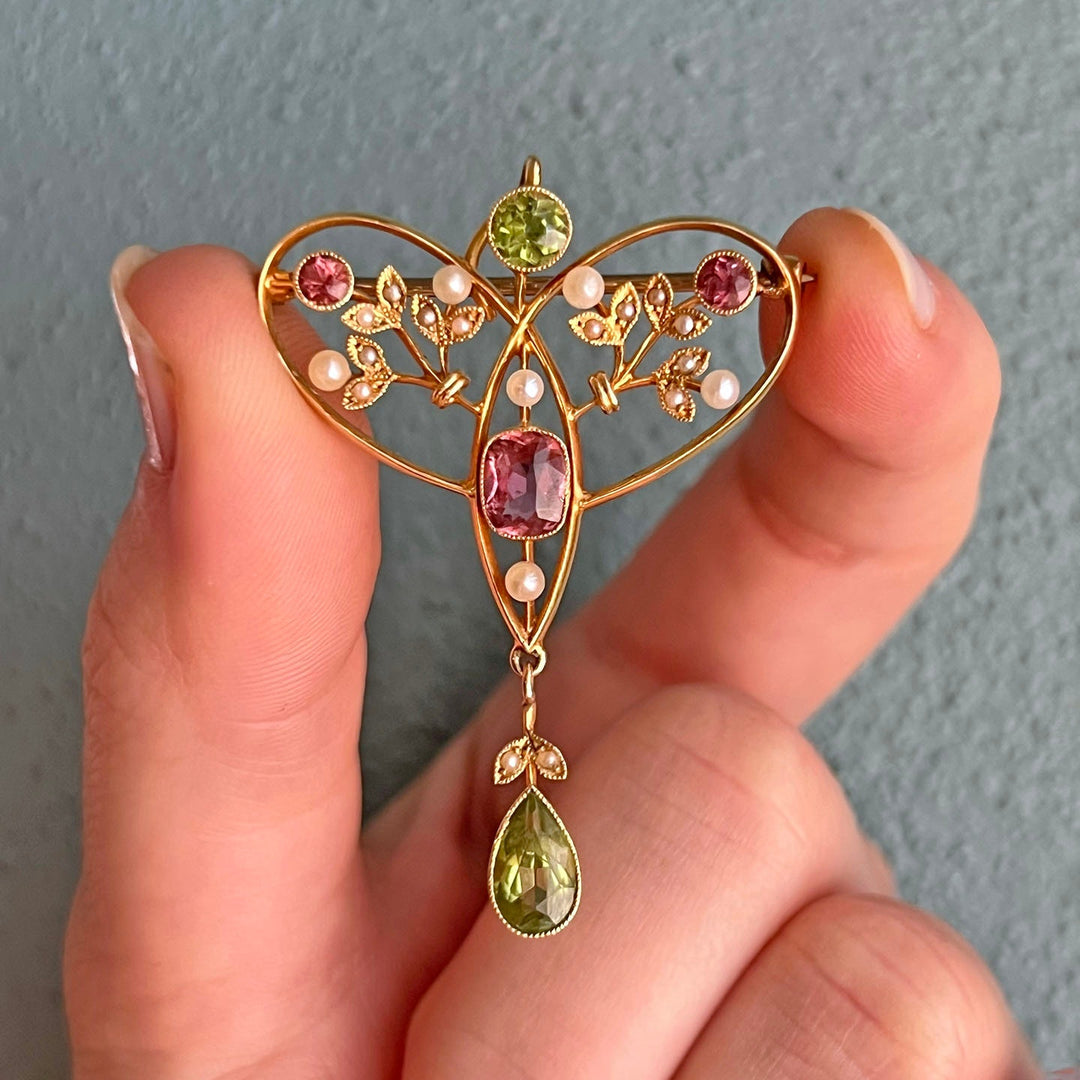 Antique suffragette brooch with pearl drop and colored gemstones
