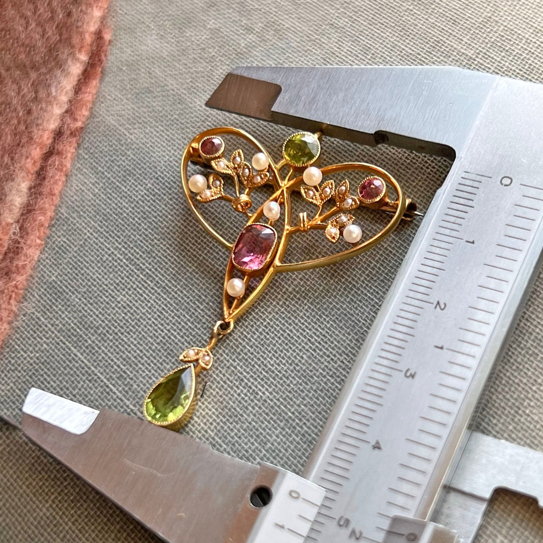 Antique suffragette pendant and brooch 15k gold peridot tourmaline pearl drop c1900
