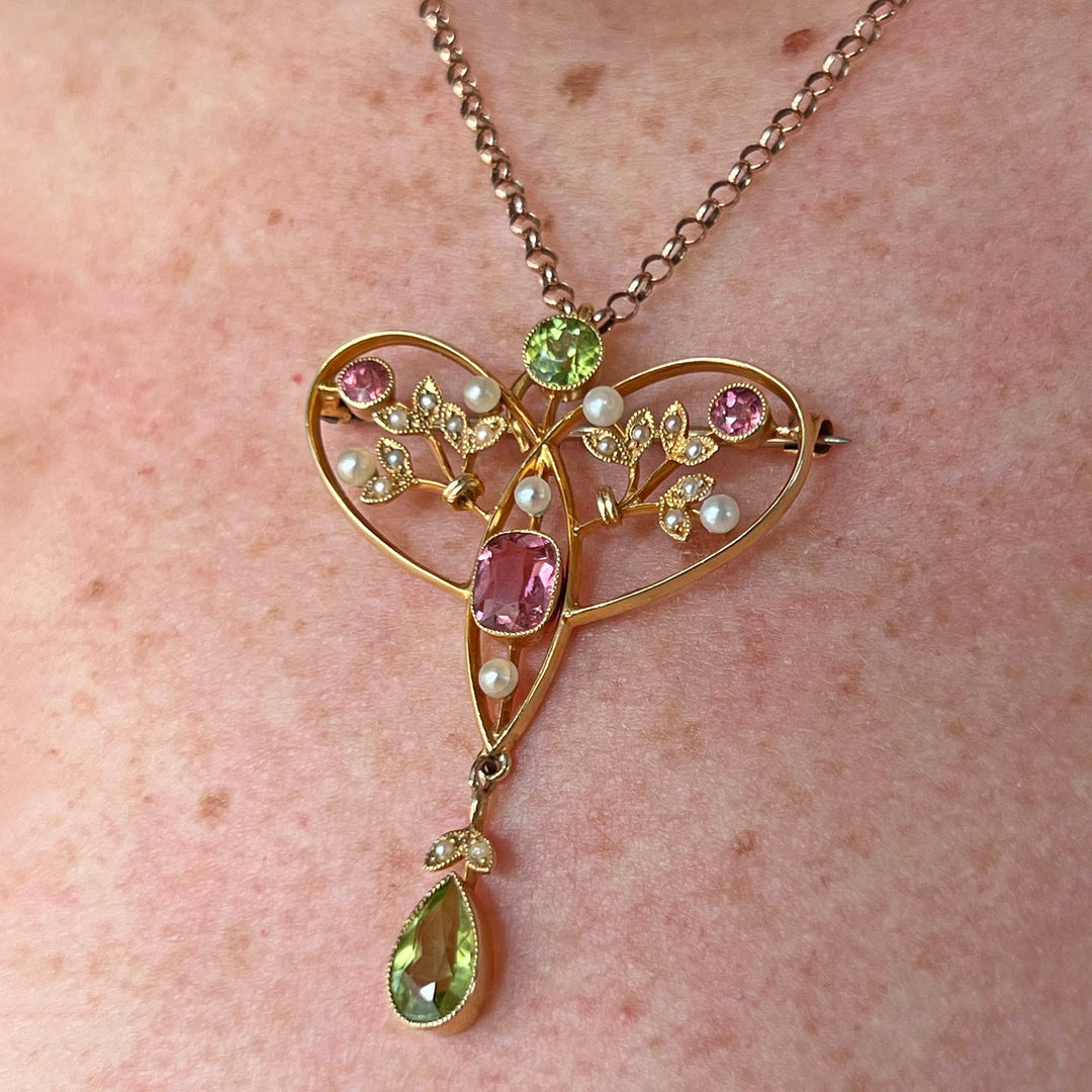 Suffragette pendant worn as necklace peridot tourmaline pearl drop