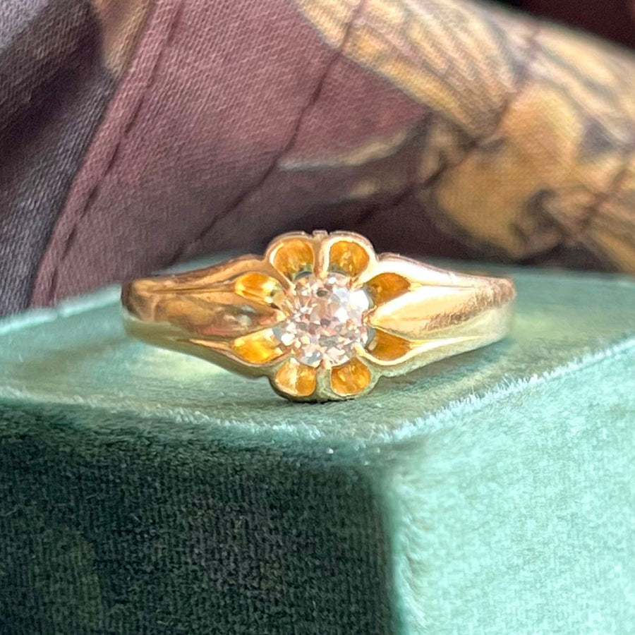 Antique 18 Karat Gold Belcher Diamond Ring with Old European Cut Diamond, Classic Buttercup Setting