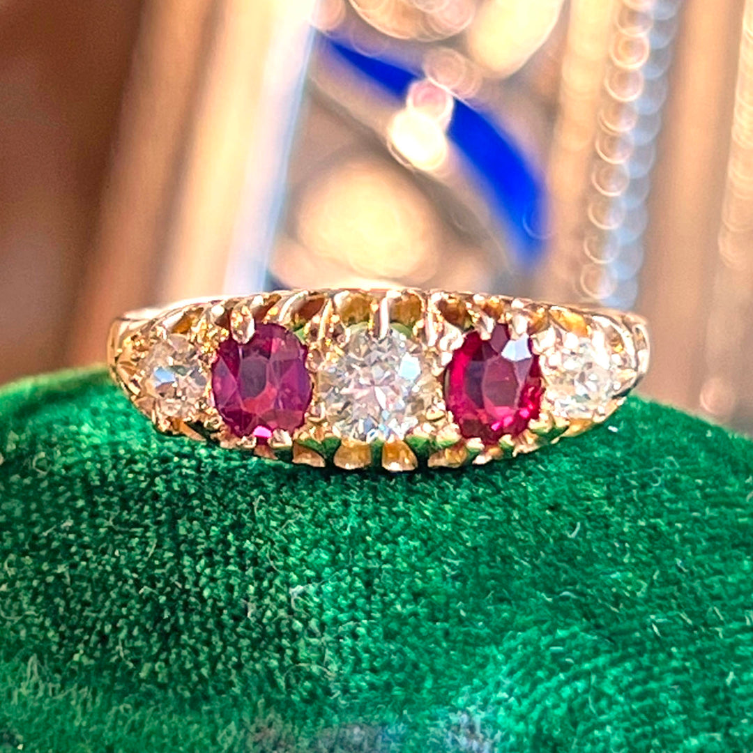 Antique 5 Stone Ruby and Diamond Ring in 18k Gold, Edwardian