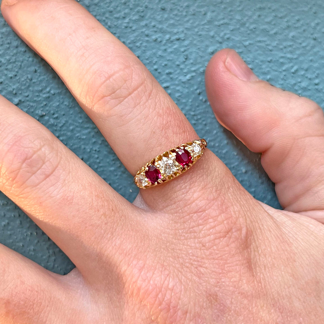 Antique 5 Stone Ruby and Diamond Ring in 18k Gold, Edwardian