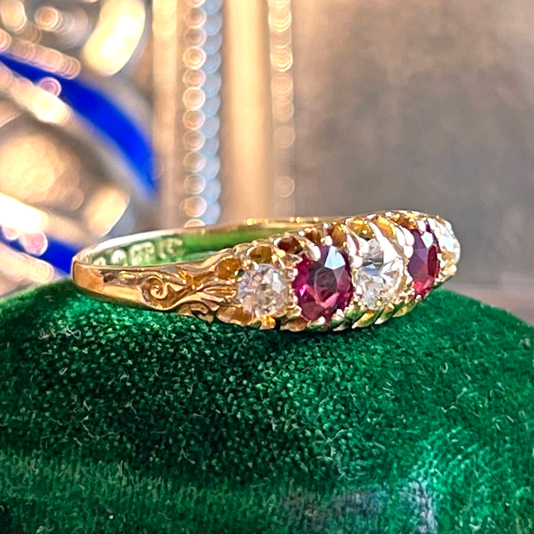 Antique 5 Stone Ruby and Diamond Ring in 18k Gold, Edwardian