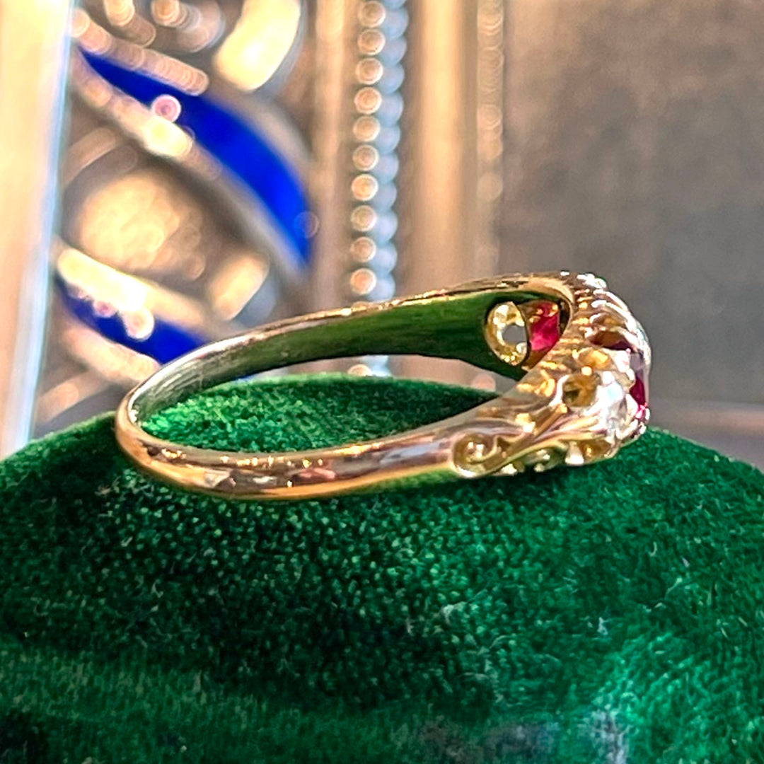Antique 5 Stone Ruby and Diamond Ring in 18k Gold, Edwardian
