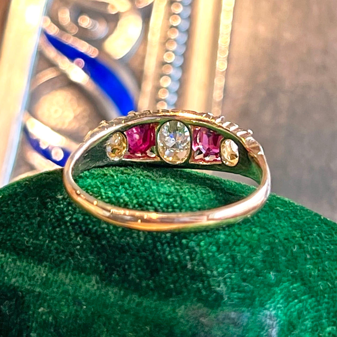 Antique 5 Stone Ruby and Diamond Ring in 18k Gold, Edwardian