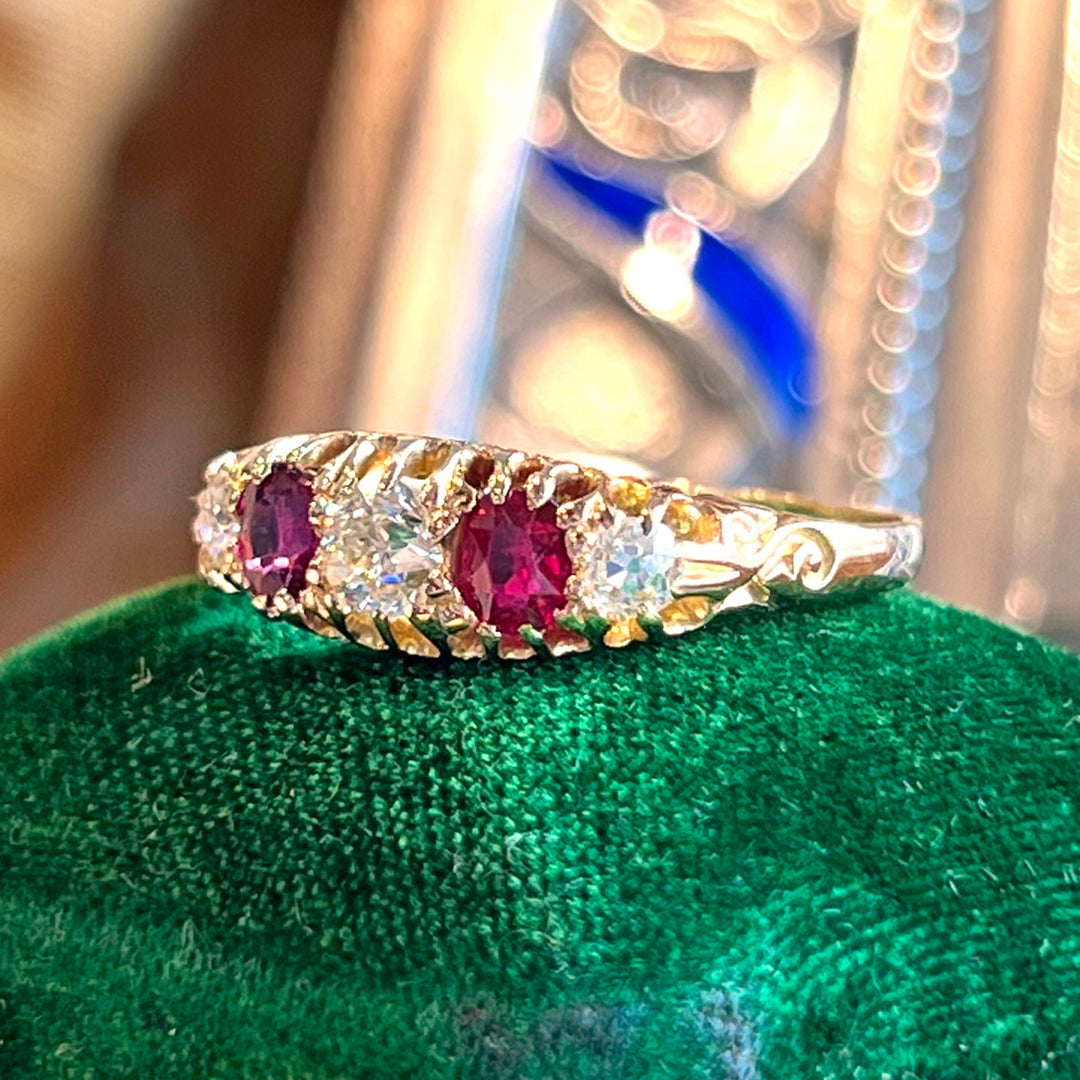 Antique 5 Stone Ruby and Diamond Ring in 18k Gold, Edwardian