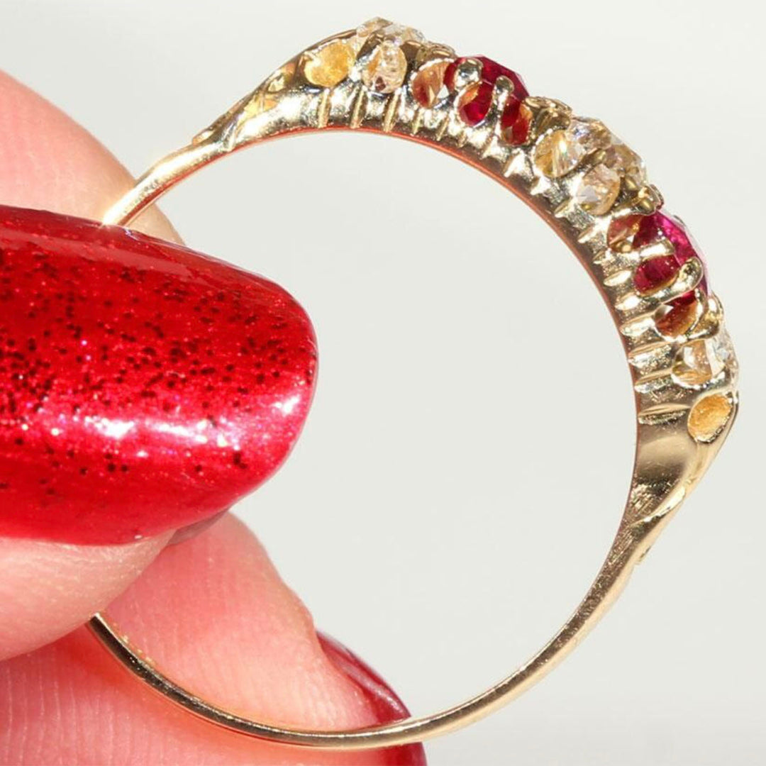Antique 5 Stone Ruby and Diamond Ring in 18k Gold, Edwardian