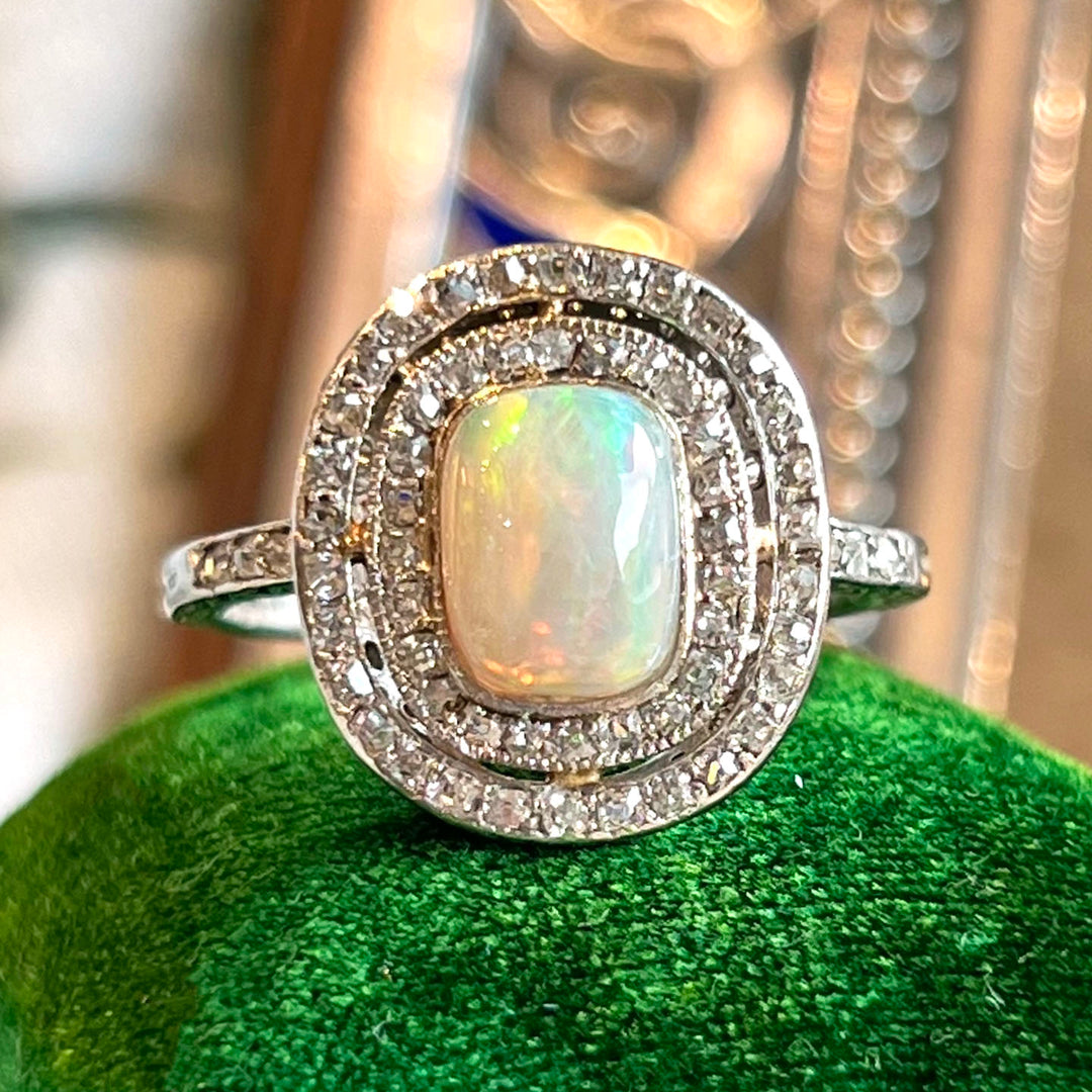 Antique Art Deco Halo Opal & Diamond Ring Platinum, c. 1920