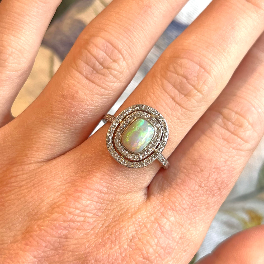 Antique Art Deco Halo Opal & Diamond Ring Platinum, c. 1920
