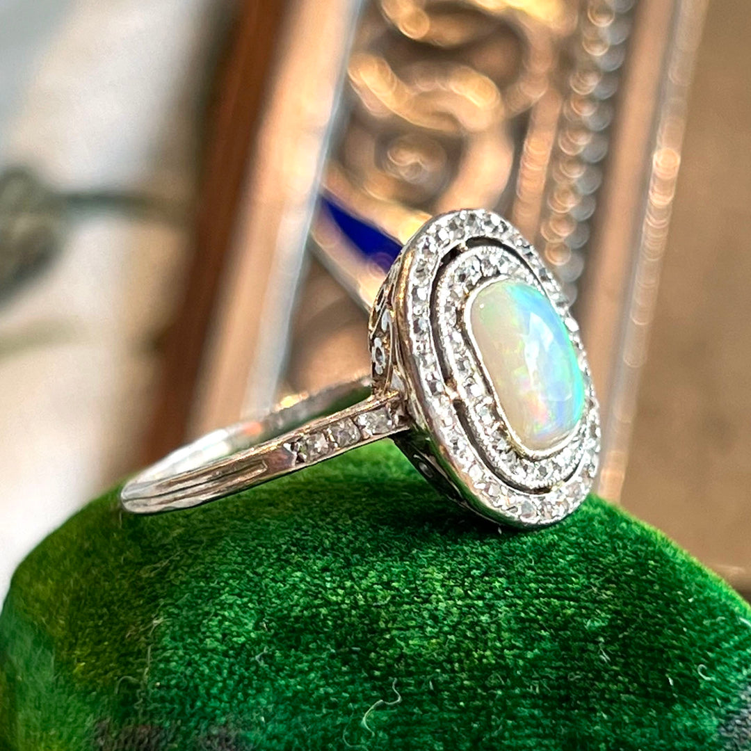 Antique Art Deco Halo Opal & Diamond Ring Platinum, c. 1920