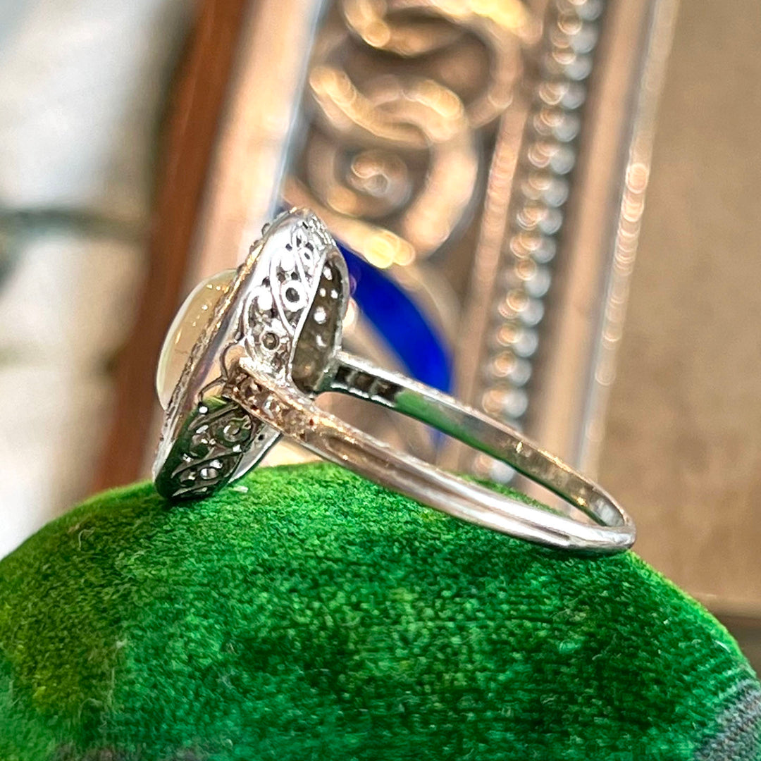 Antique Art Deco Halo Opal & Diamond Ring Platinum, c. 1920
