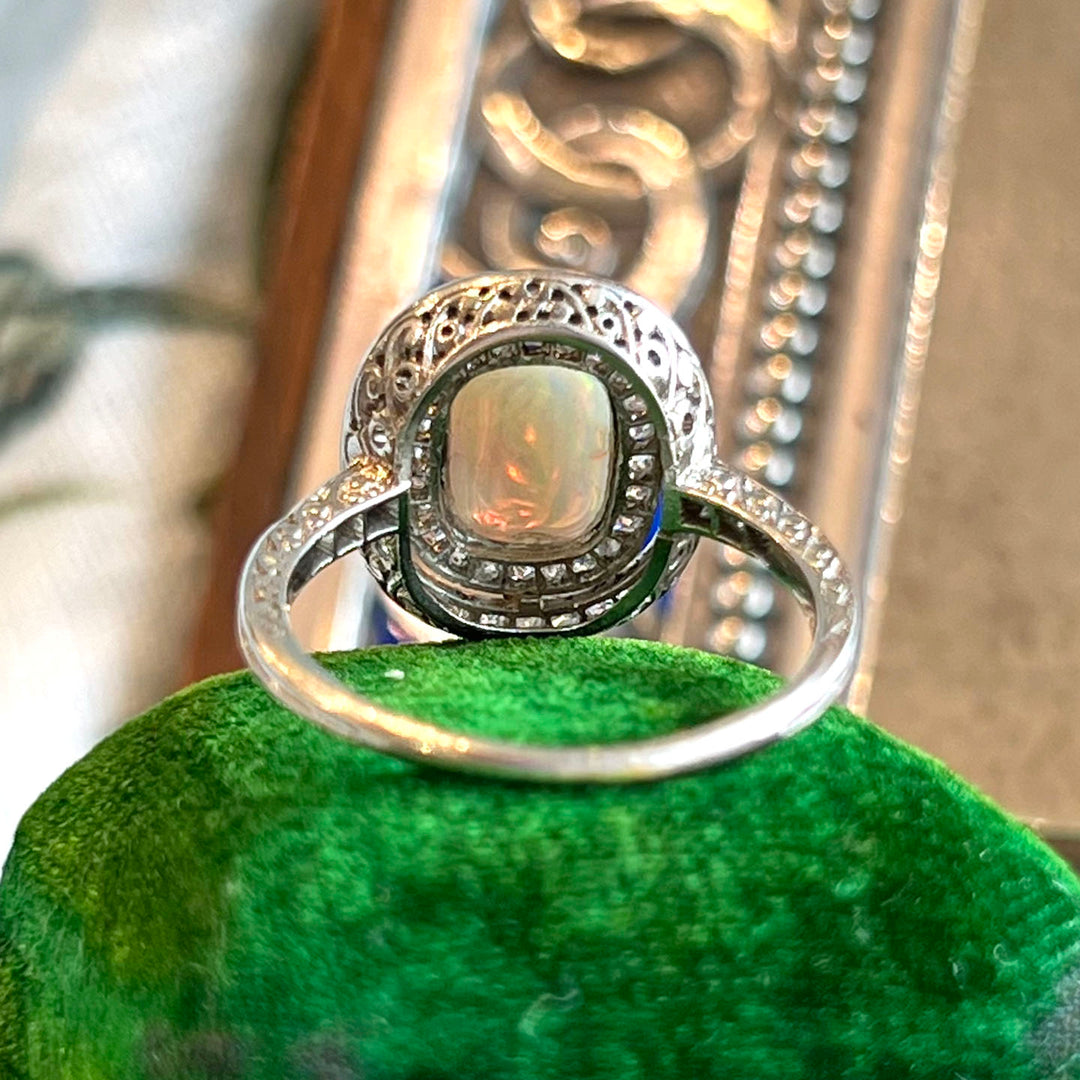 Antique Art Deco Halo Opal & Diamond Ring Platinum, c. 1920
