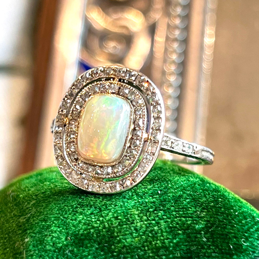 Antique Art Deco Halo Opal & Diamond Ring Platinum, c. 1920