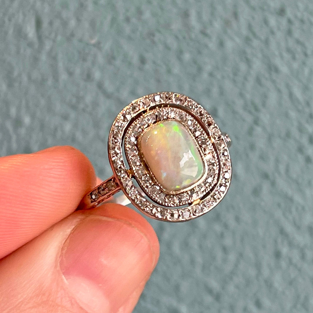 Antique Art Deco Halo Opal & Diamond Ring Platinum, c. 1920