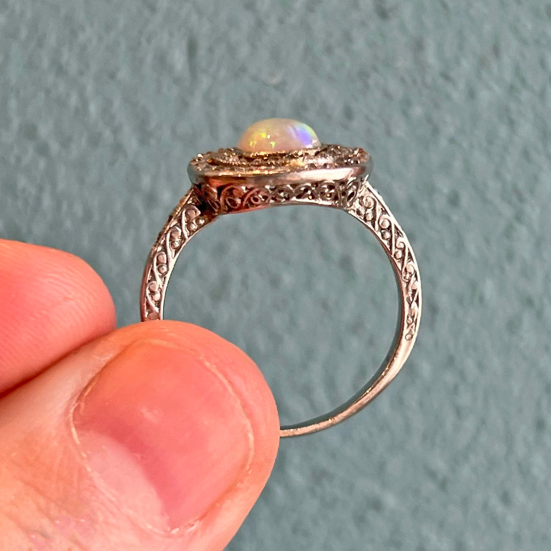 Antique Art Deco Halo Opal & Diamond Ring Platinum, c. 1920